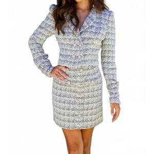 NEW AVA PRESLEY structured long sleeve tweed mini dress in light blue